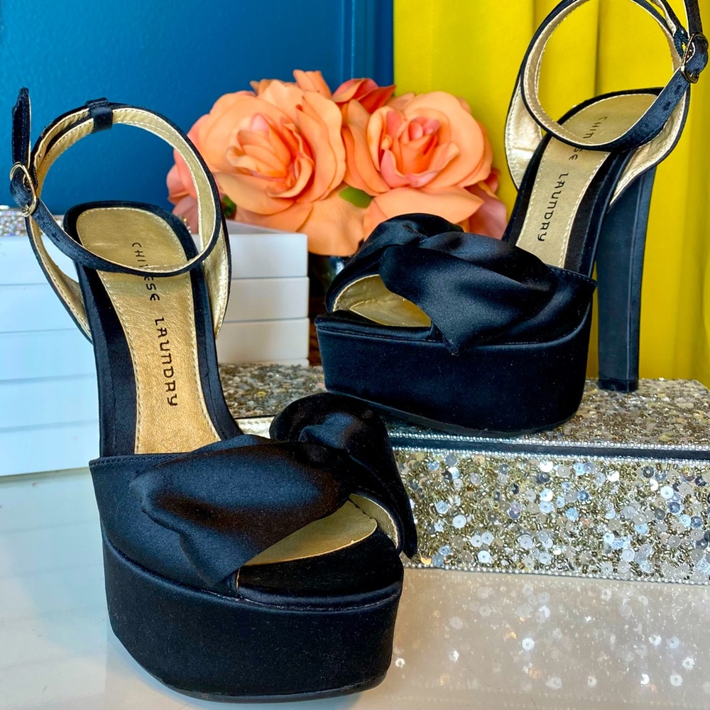 Chinese Laundry Shoes Platform Stiletto Heel Black Satin Forget You Size 7.5 M